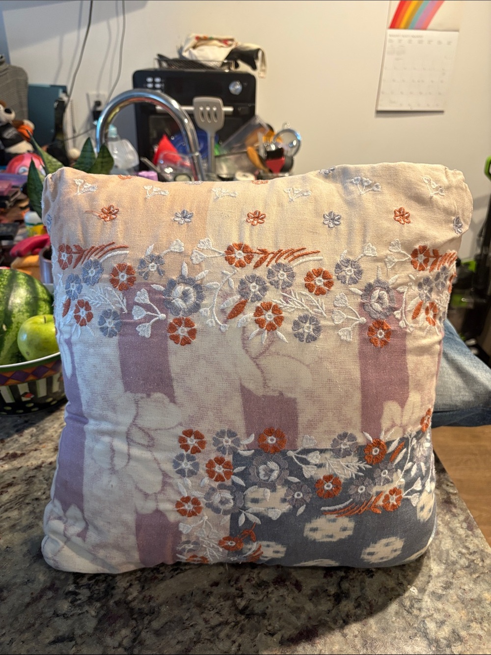 Macy's Floral Embroidered Decorative Pillow in Peach, Lavender, Orange and Gray